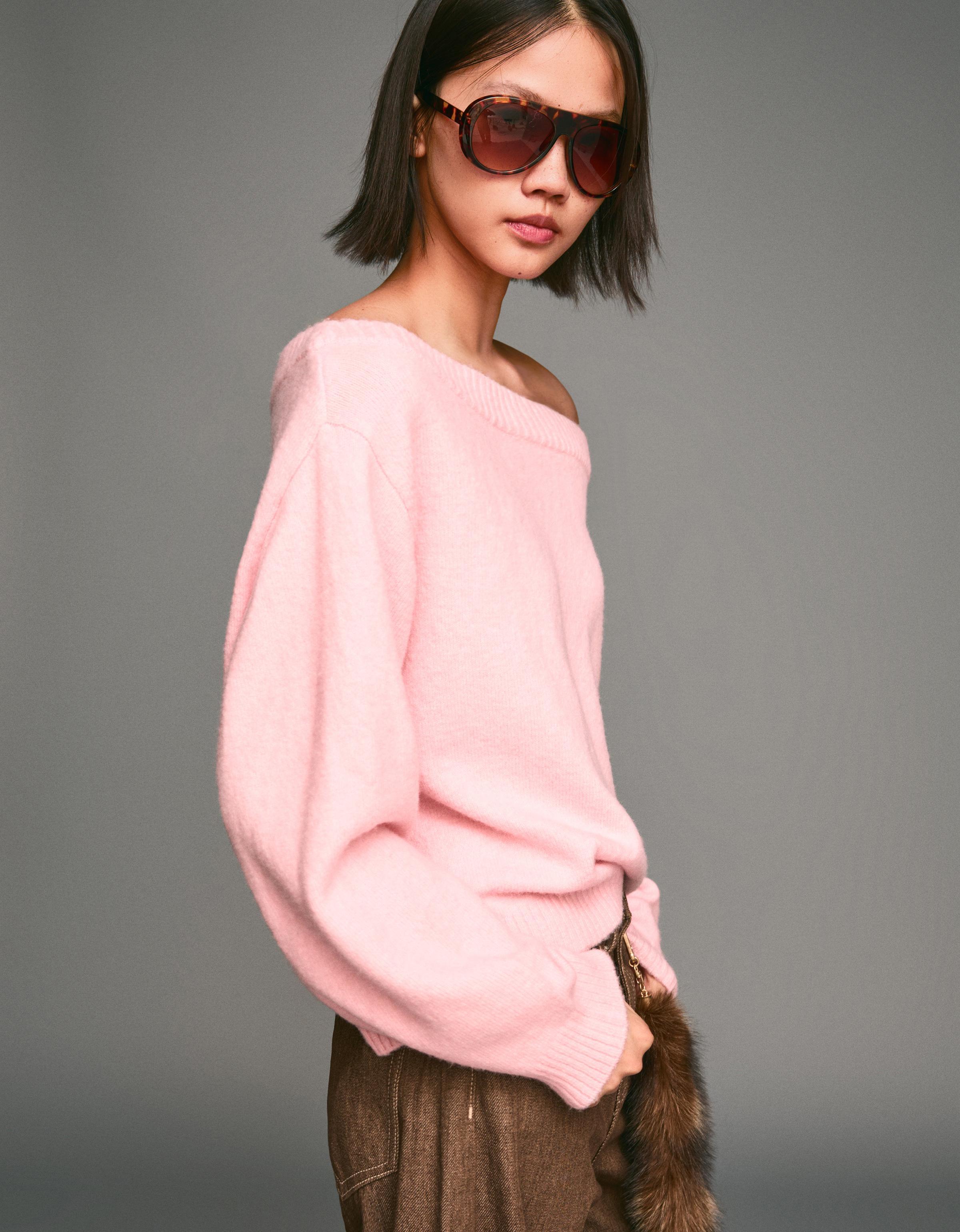 Bershka Gerippter Bardot-Pullover Damen L Rosa