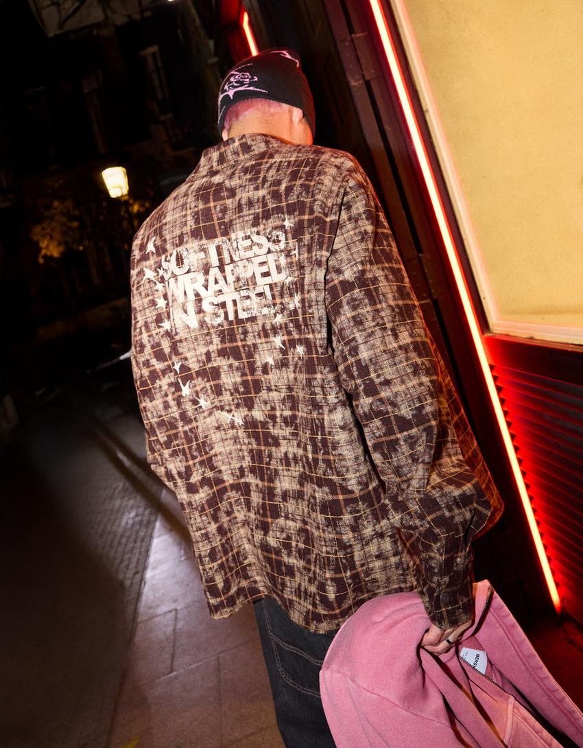 Oversize ležérna károvaná košeľa-Hnedá