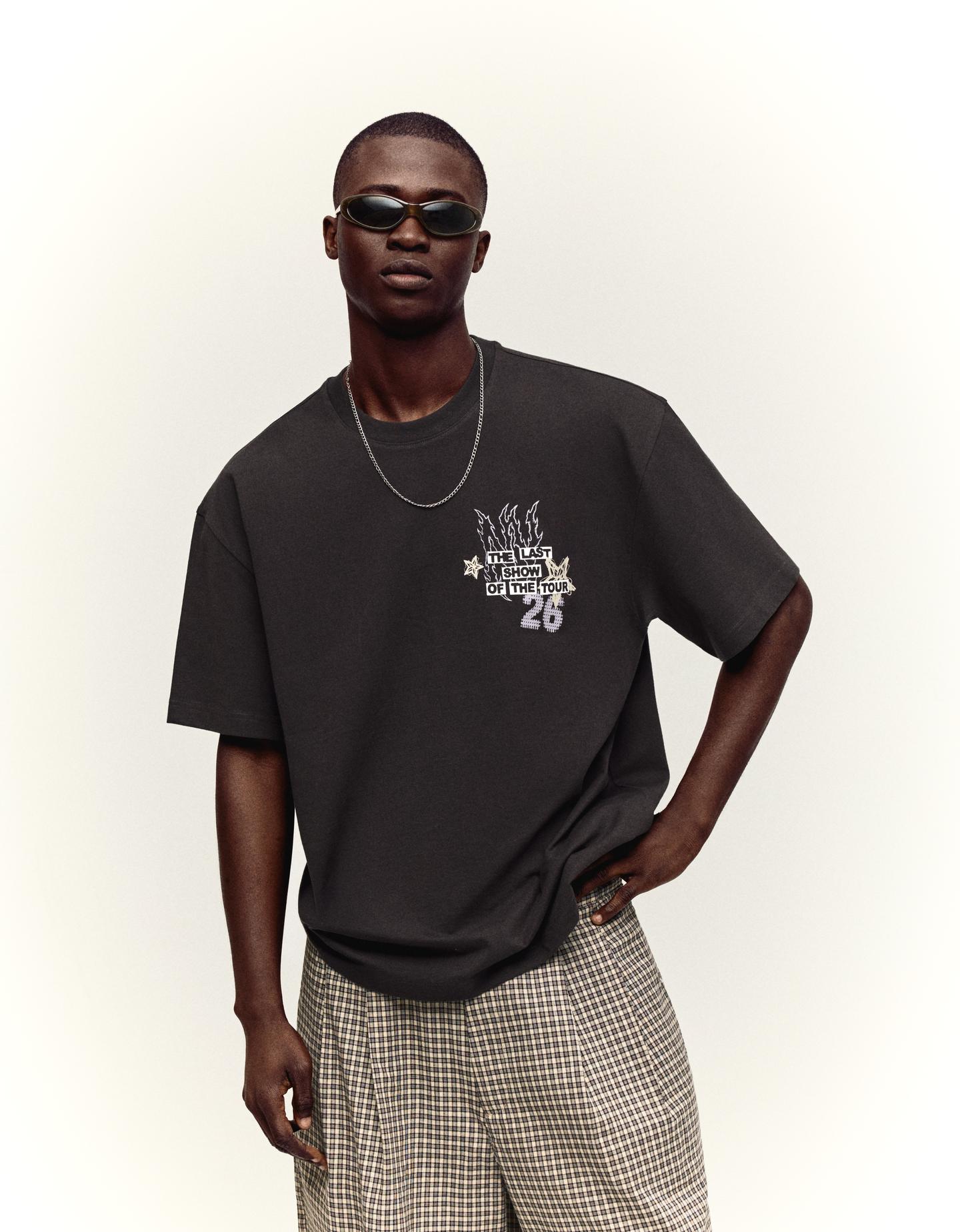Bershka Camiseta Manga Corta Boxy Print Hombre Negro