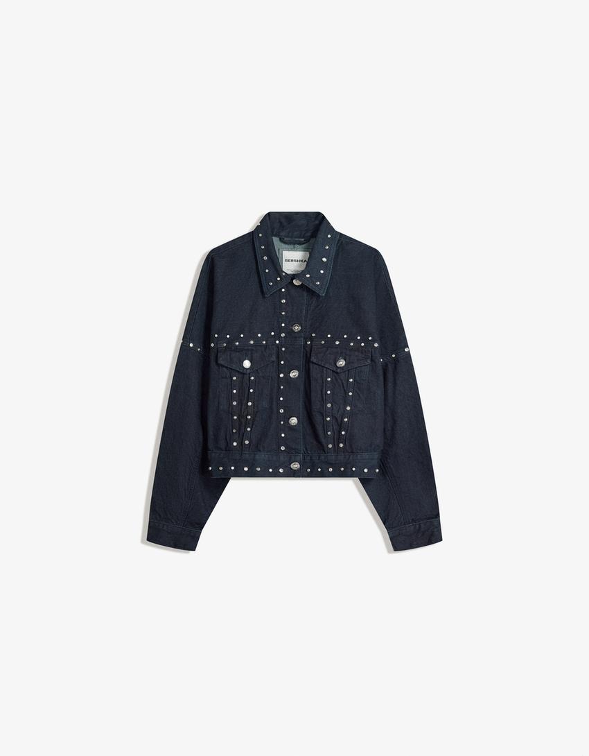 Kort denimjakke med nitter-Marineblå-4