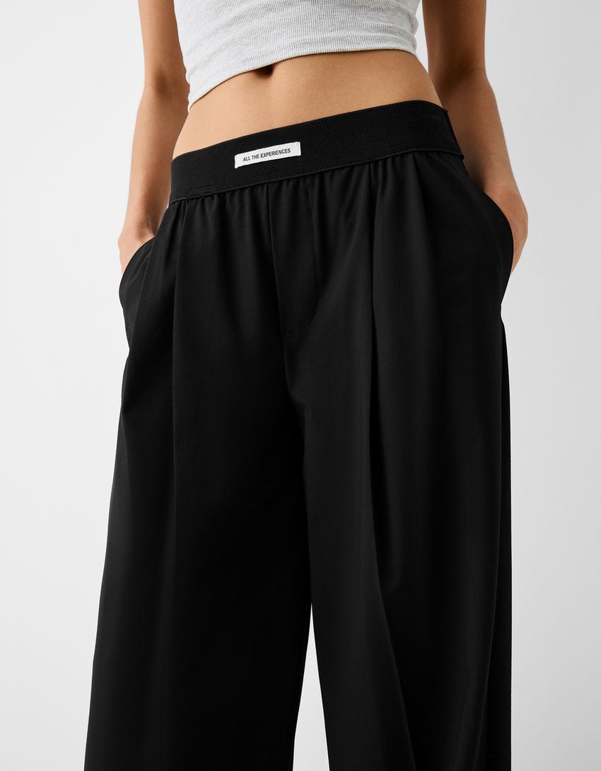 Calças wide leg tailored fit cintura borracha-Preto-3