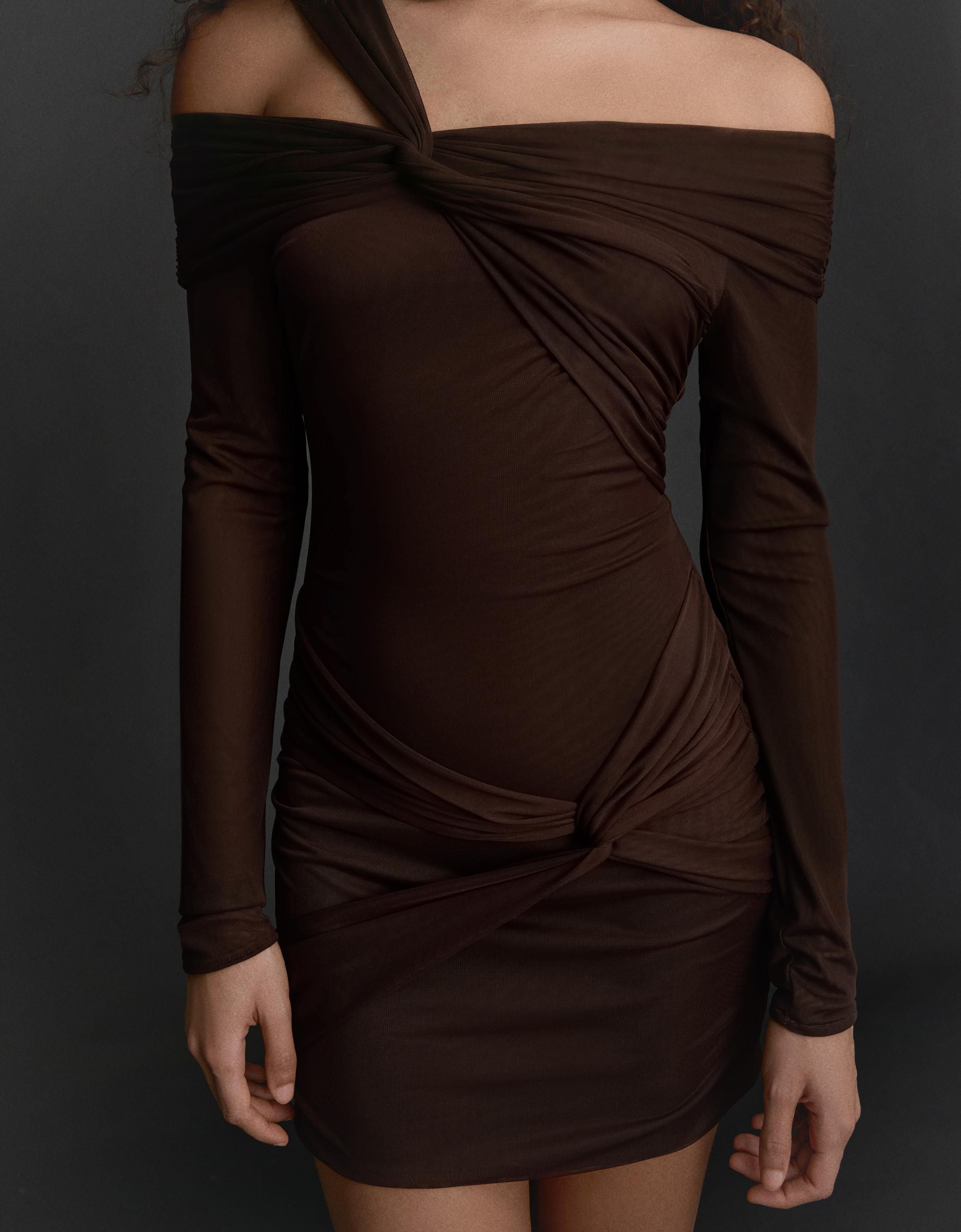 Uzun kollu tül detaylı mini elbise - Görsel 11