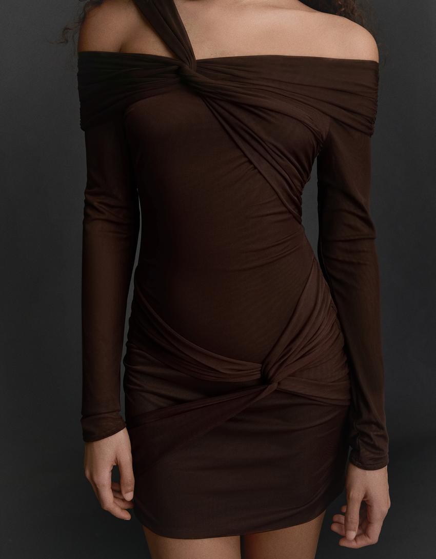 Vestido mini manga larga tul nudos-Marrón