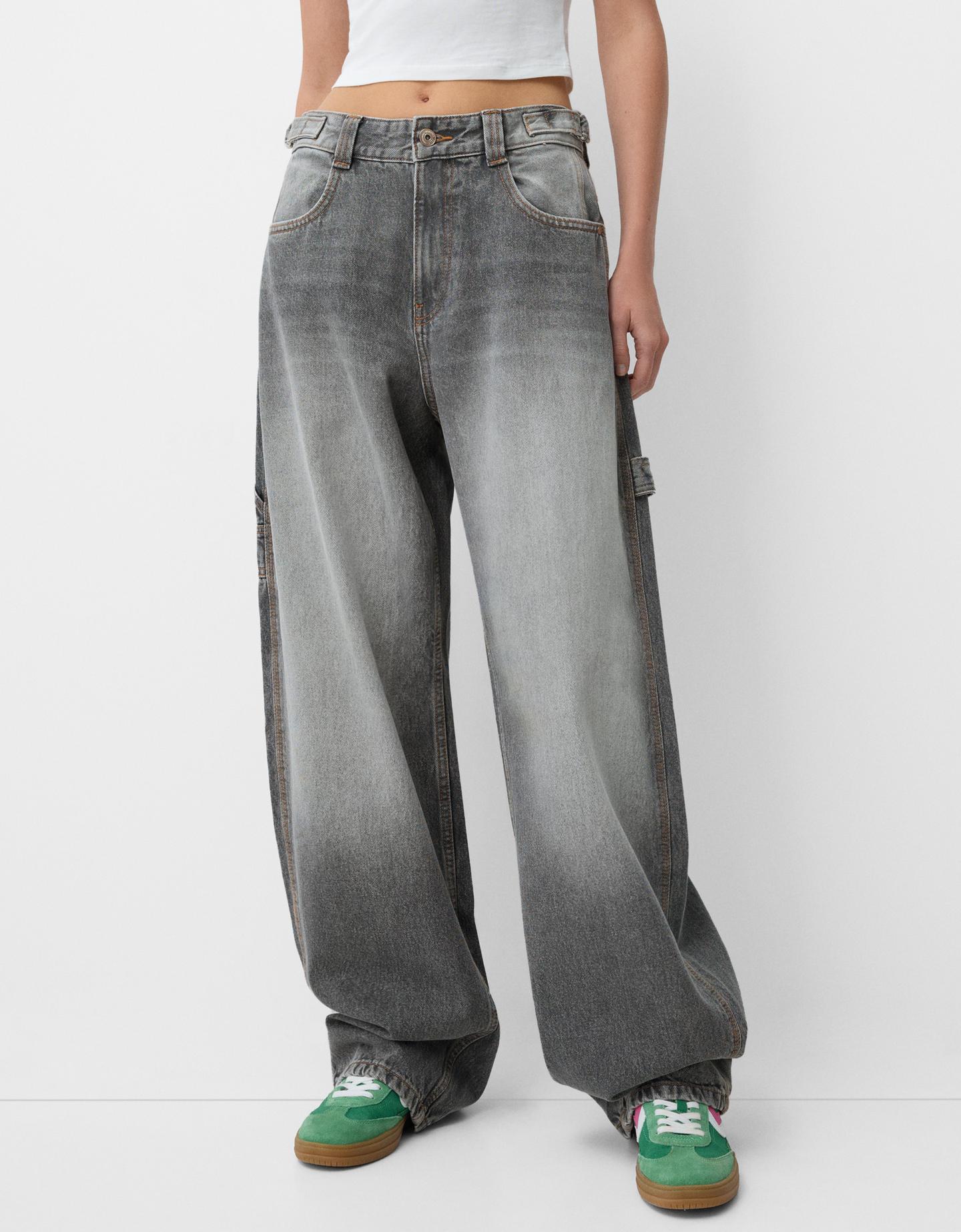 Bershka Jeans Balloon Carpenter Regolabili Donna 10-12 Grigio