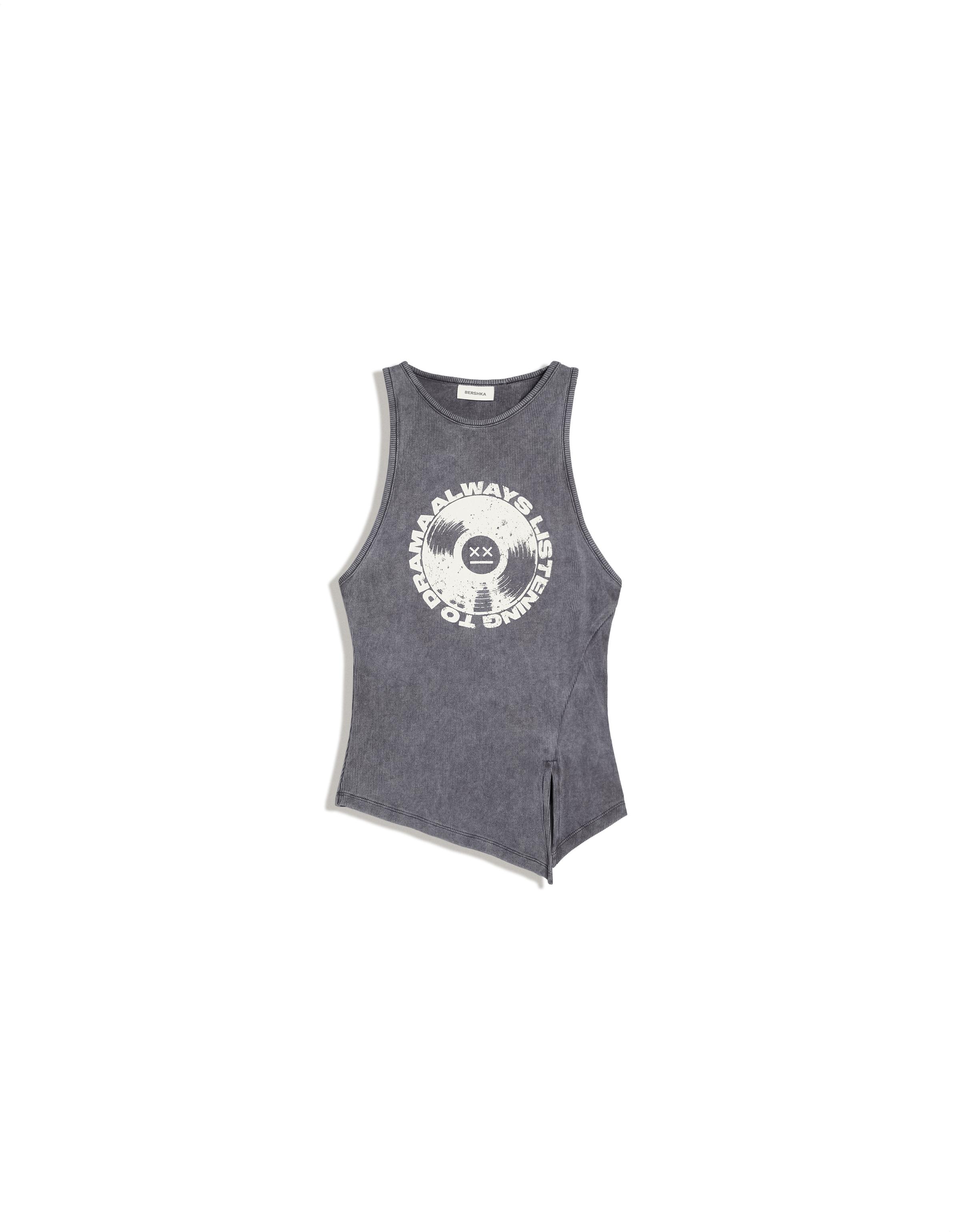 Asymmetric printed sleeveless top — Dark grey