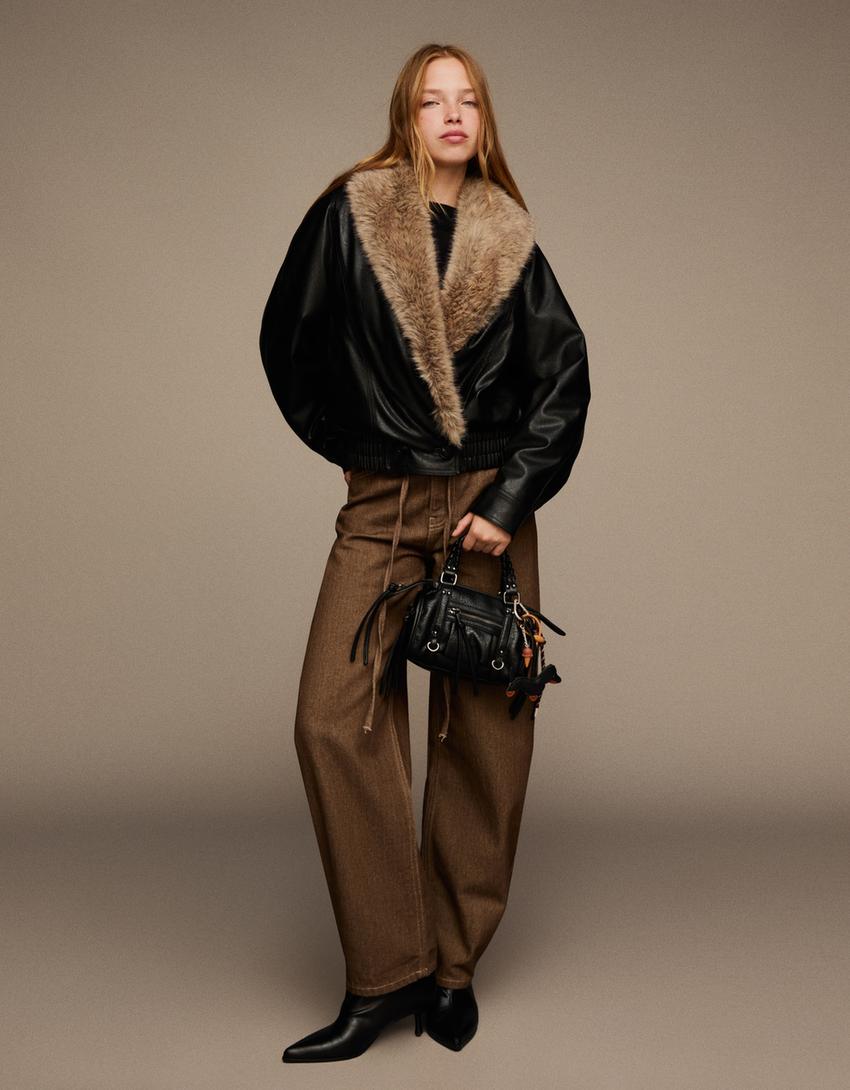 Faux leather jacket with faux fur collar-Black