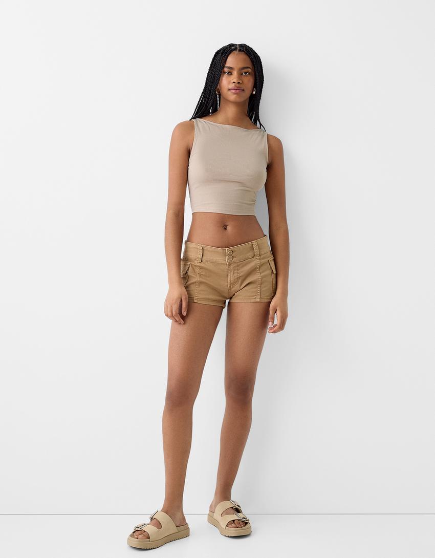 Sleeveless ribbed T-shirt-Camel-3