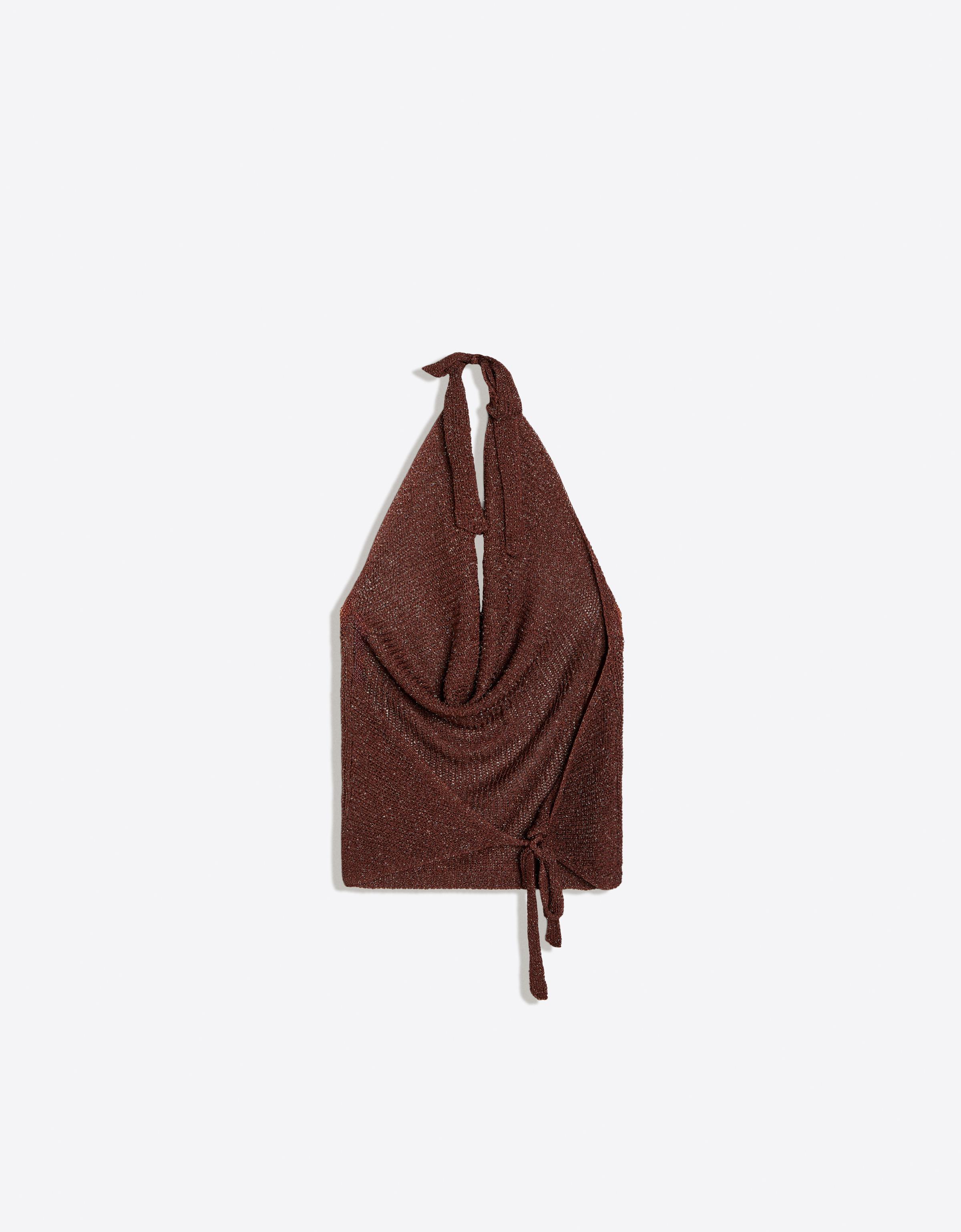 Draped halter top with metallic thread — Brown