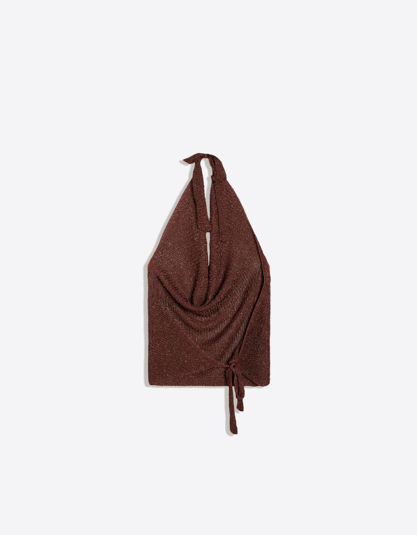 Metallic thread draped halter top-Brown