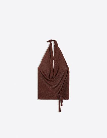 Draped halter top in metallic thread — Brown 6