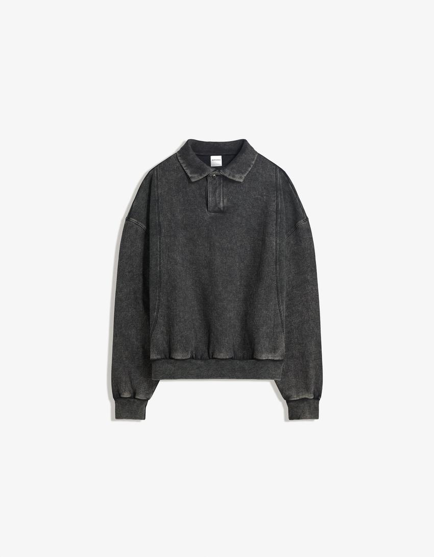 Oversize-Sweatshirt mit Polo-Kragen-Grau-4
