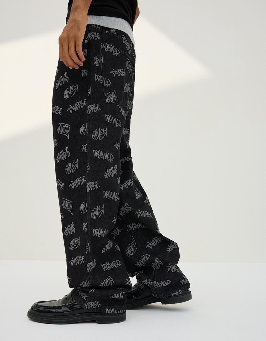 Baggy jacquard jeans-Black