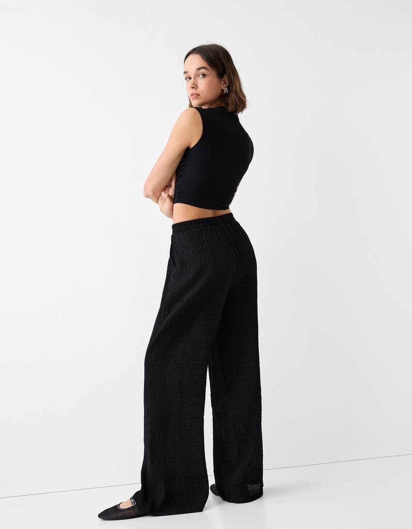 بنطال منقوش واسع الساقين-أسود-2