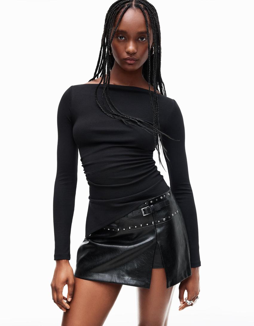 Long sleeve asymmetric T-shirt-Black