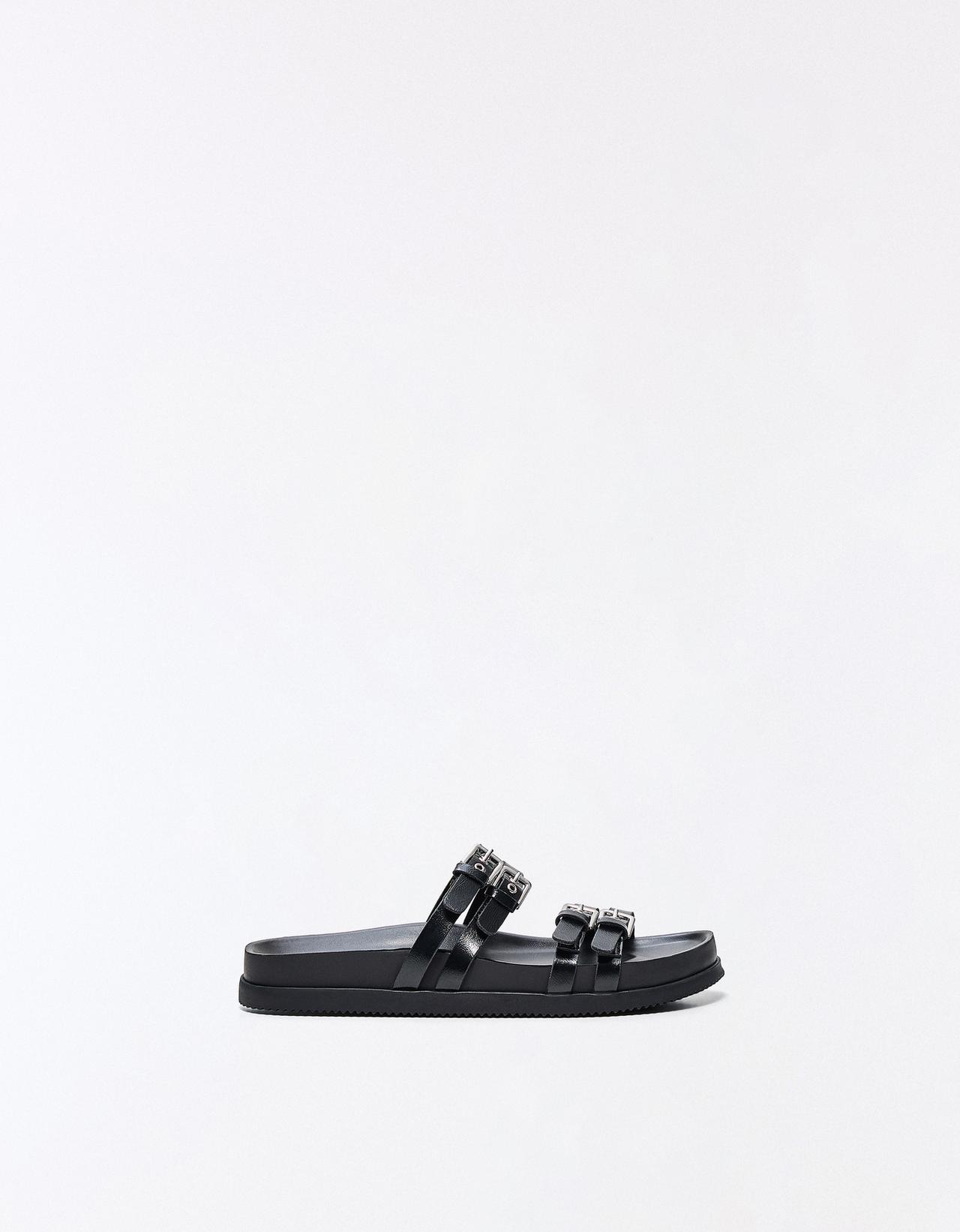 Double buckle flat slider sandals — BLACK