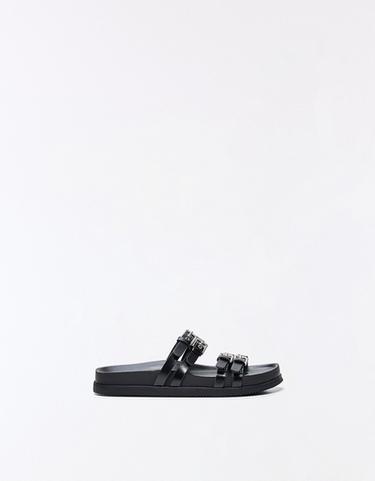 Double buckle flat slider sandals — BLACK 1