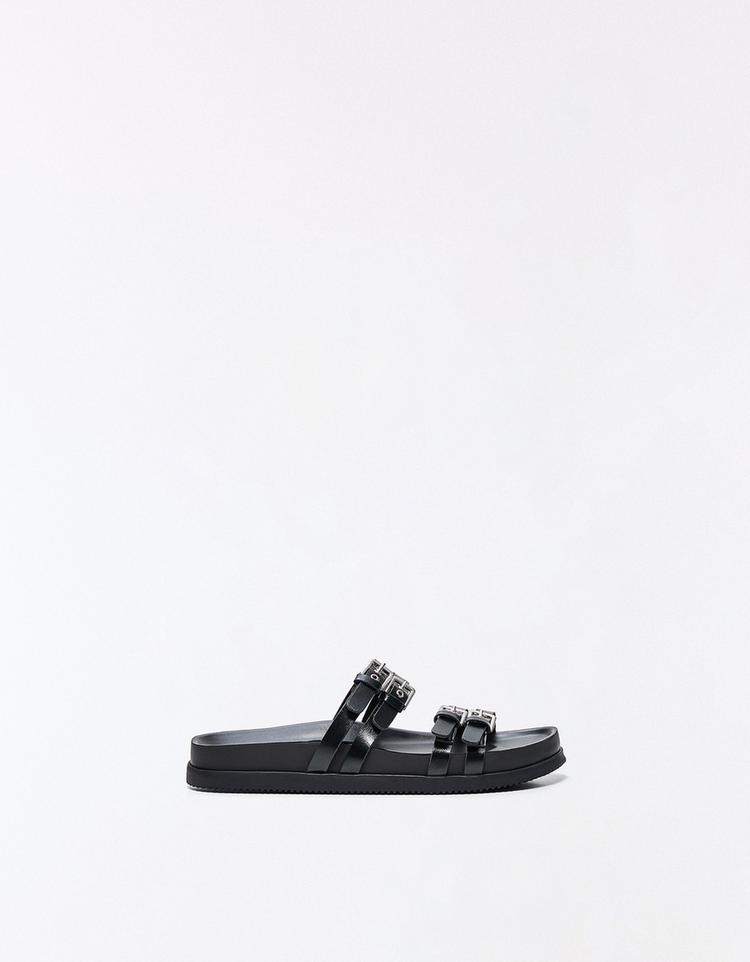 Double buckle flat slider sandals — BLACK