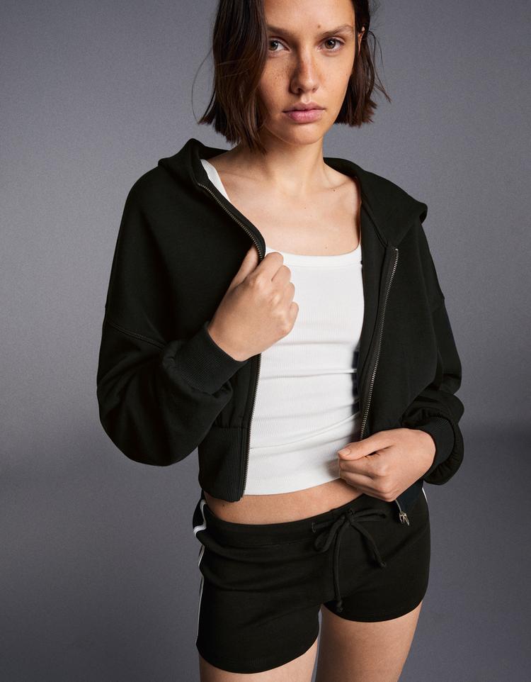 Zip-up hooded sweatshirt with sash — Black