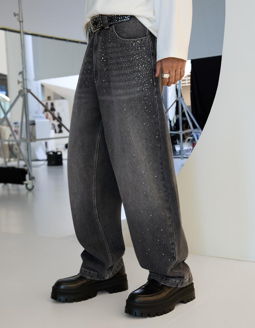 Jeans superbaggy strass filtro digital-Preto