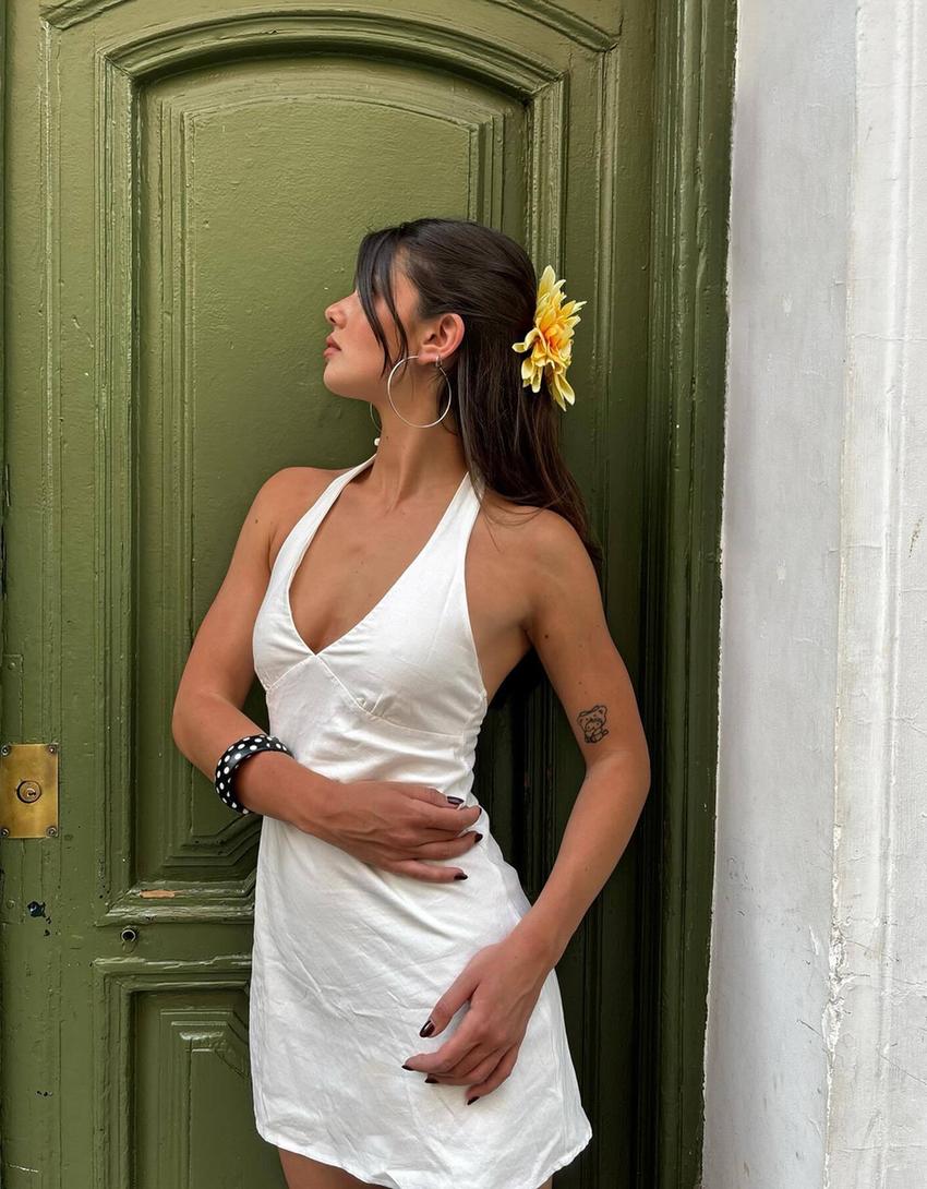 Vestido mini halter con lino-Blanco-2