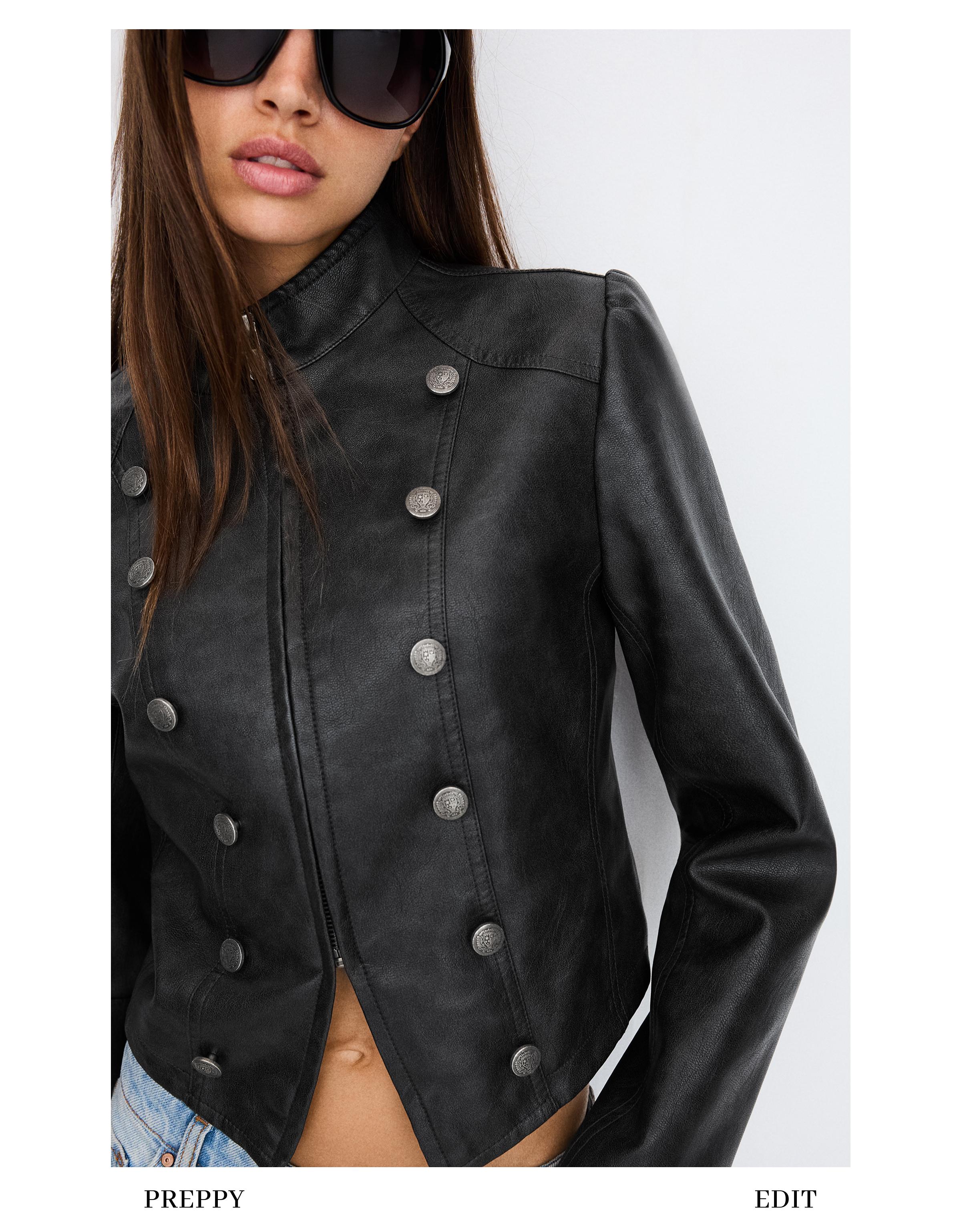 Buttoned leather effect jacket — Dark grey