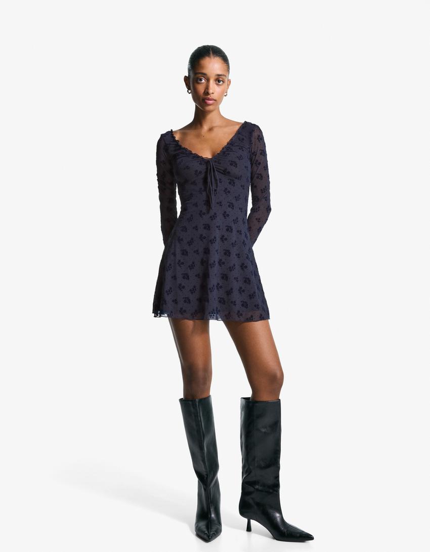 Long sleeve tulle mini dress-Navy