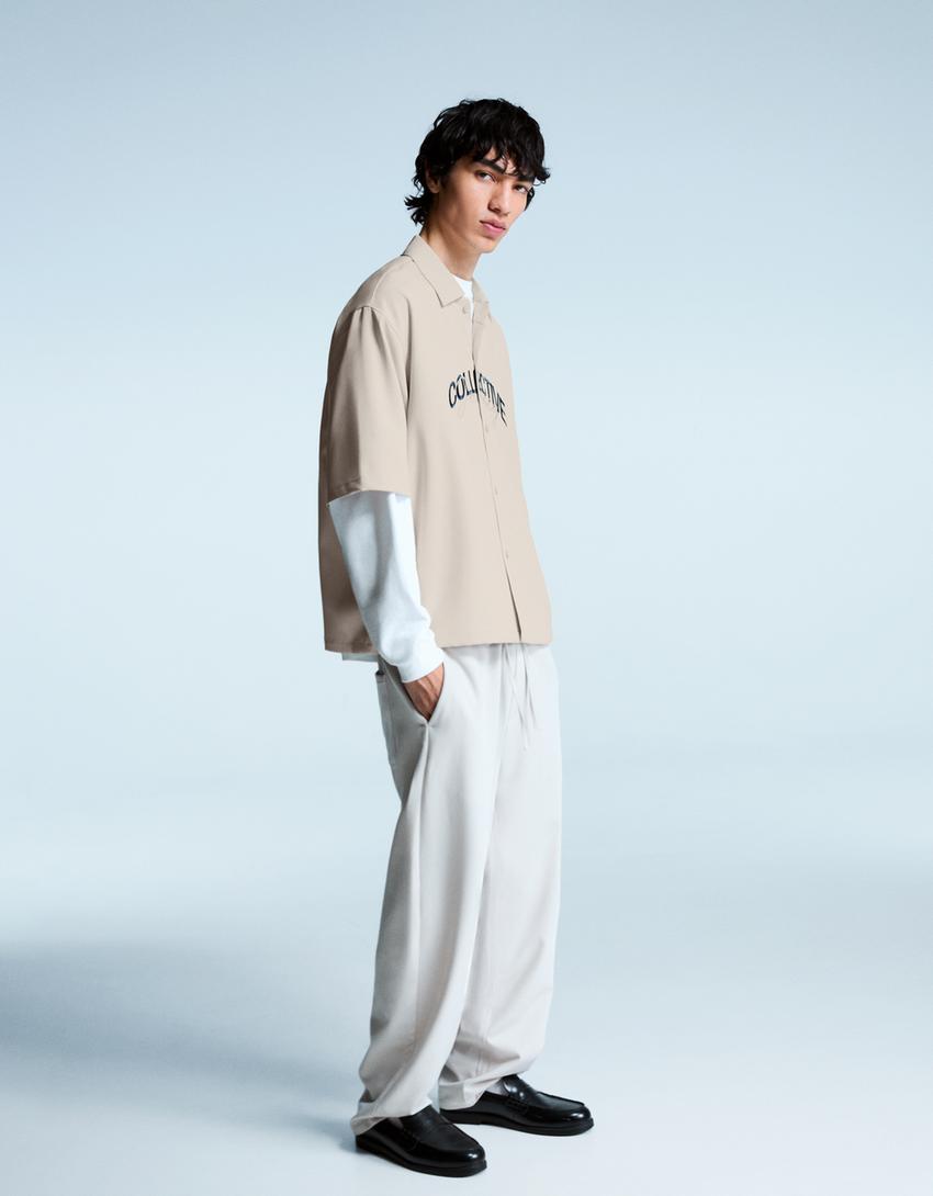 Tailored boxy fit shirt with embroidery-Cream