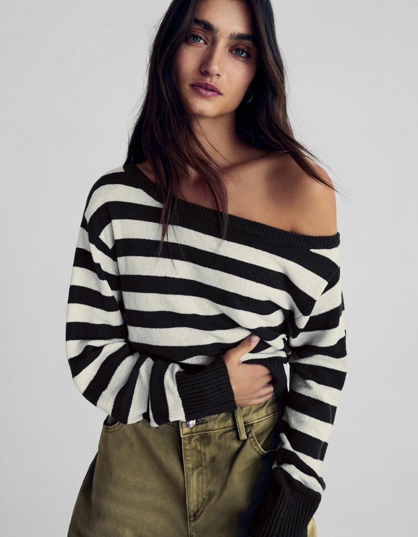 Свитер асимметричного кроя в стиле рустик в полоску-Синий