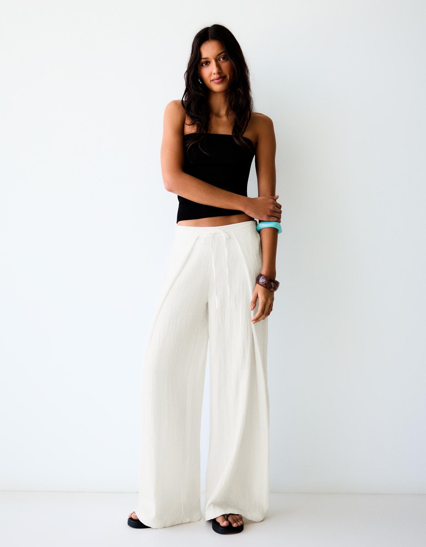 Bershka Pantalón Wide Leg Rústico Pliegues Mujer Blanco Roto