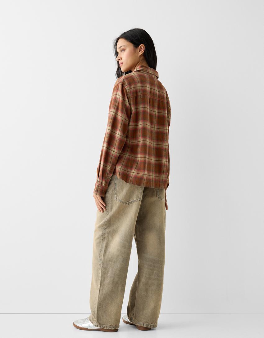 Camisa manga comprida cropped quadrados-Marrom-1