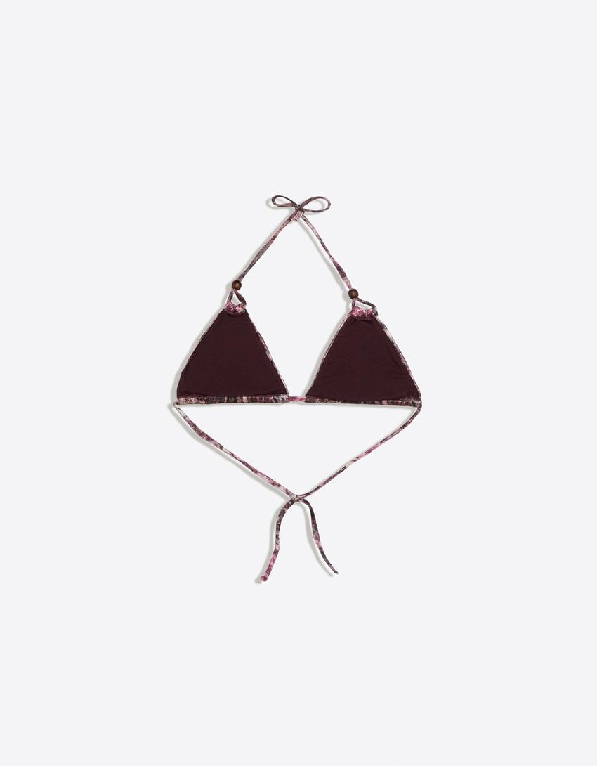 Haut de bikini triangle en mesh imprimé-Grenat