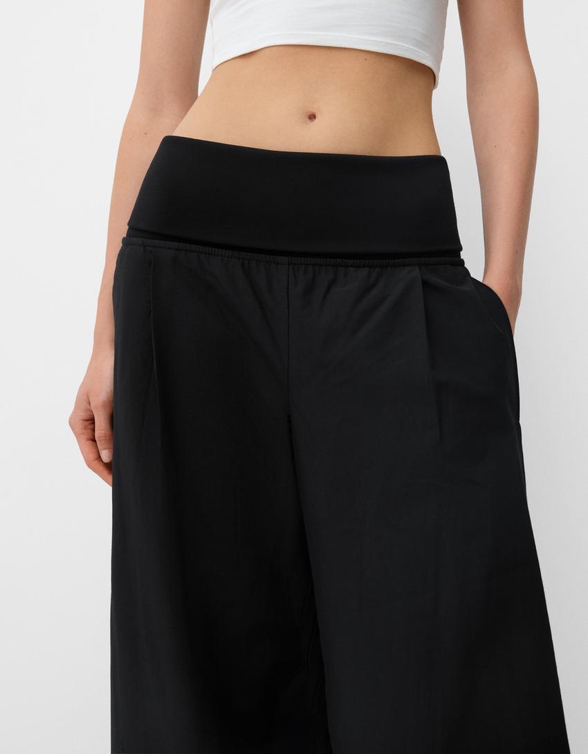 Wide-leg trousers with fold-over waist-Black-3