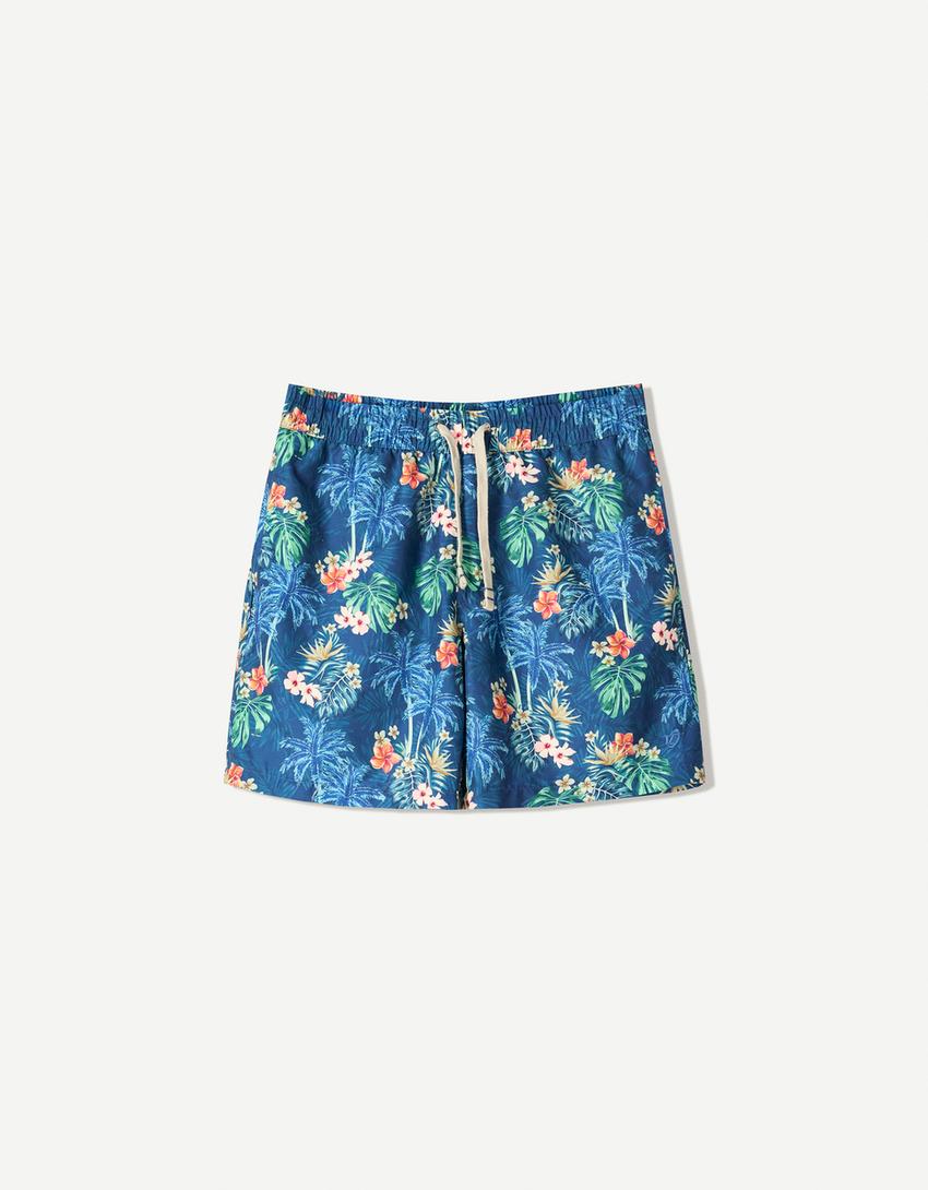 Calções de banho compridos com estampado tropical-Azul