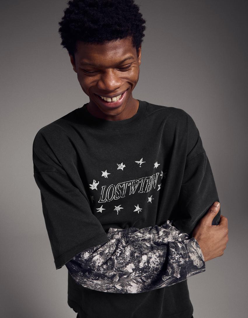 Double print long sleeve T-shirt-Black