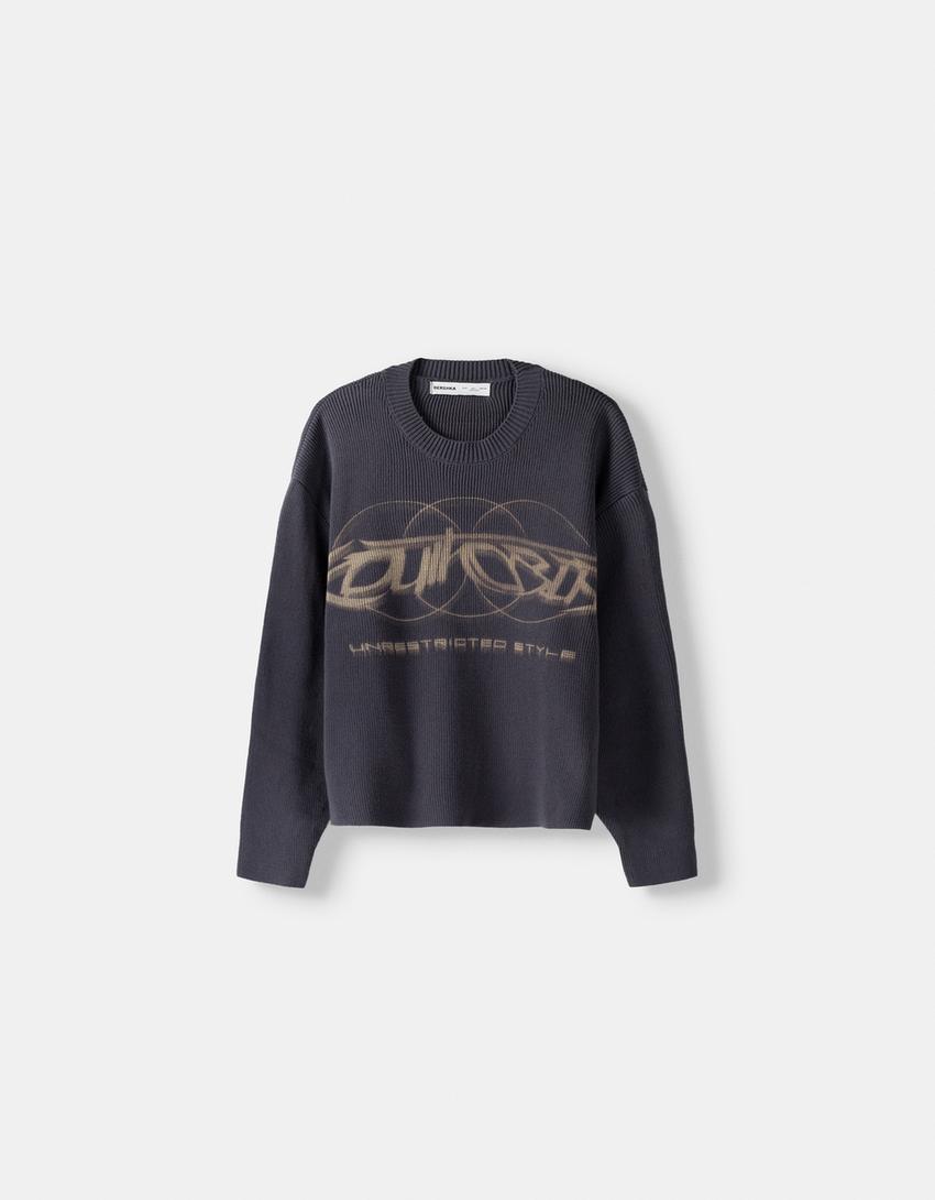 Pull maille côtelée imprimé-Gris foncé-4