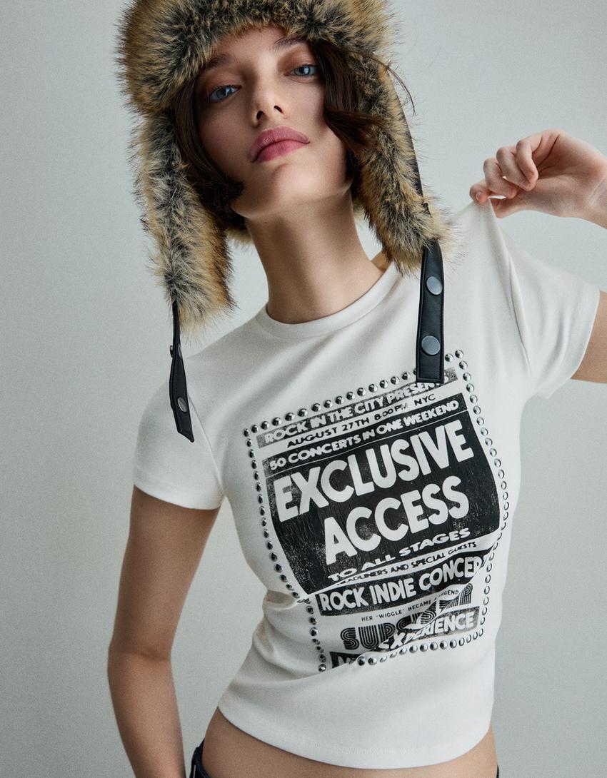 T-shirt à manches courtes imprimé clous-Blanc cassé