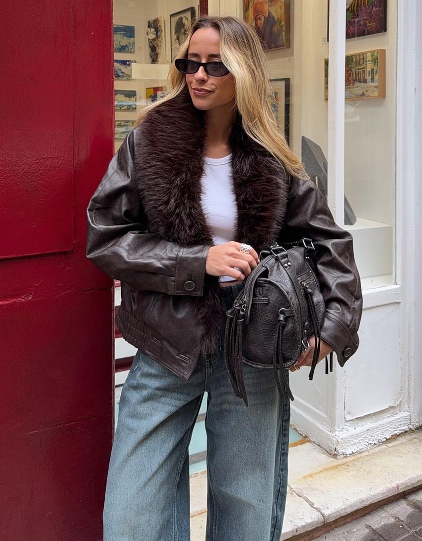 Blouson similicuir col fourrure-Marron