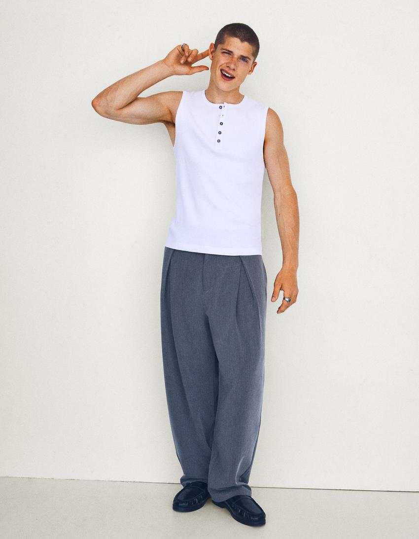 T-shirt workwear slim col tunisien-Blanc