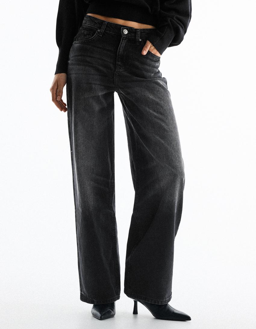 Wide-leg high-waist vintage wash jeans-Black