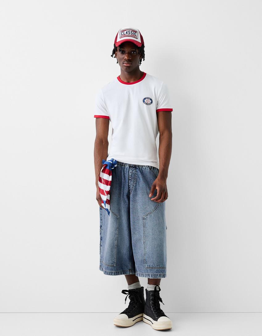 Calções bermuda jort denim baggy cintura contraste-Azul lavado-3