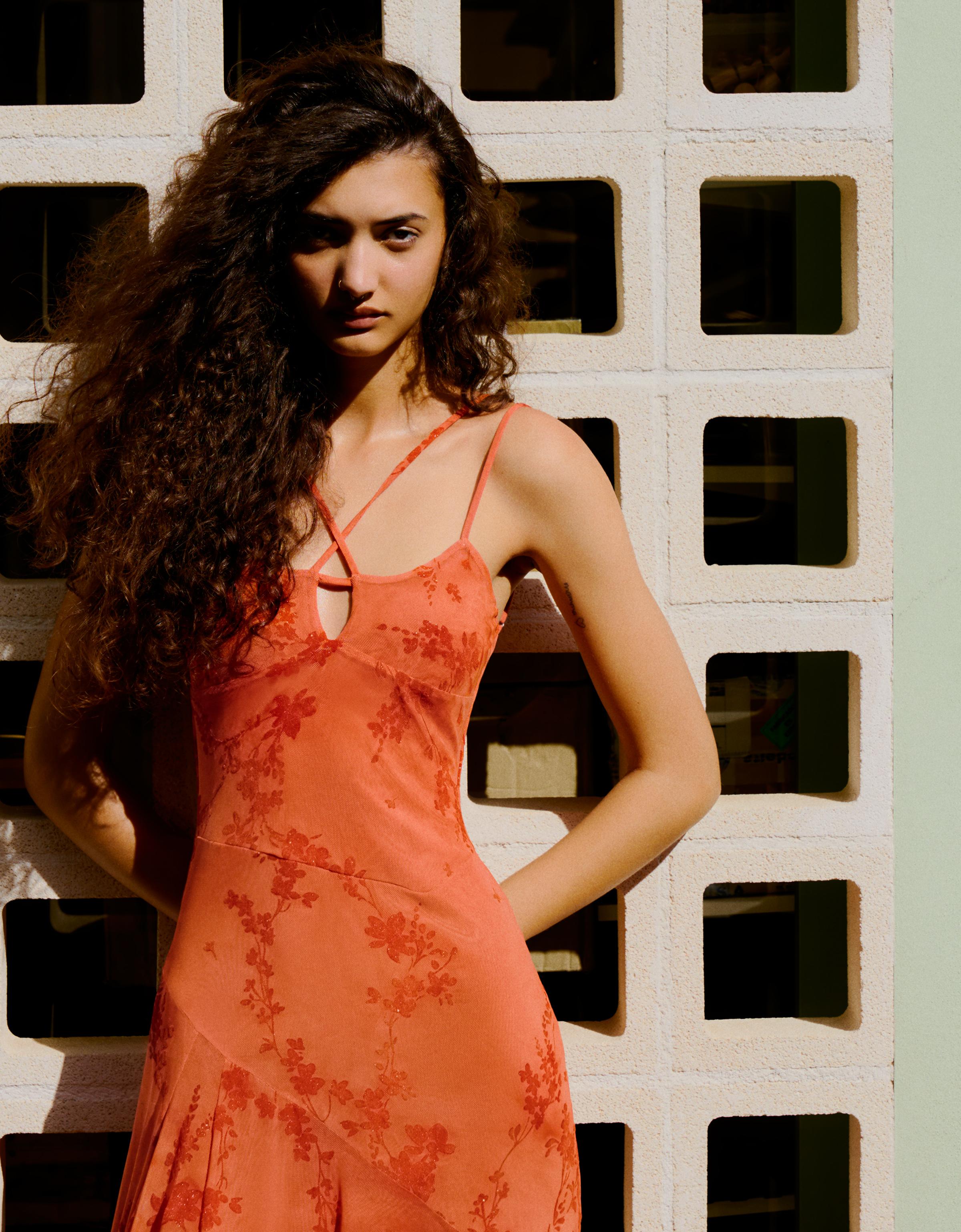 Midi dress with flocked tulle straps — Orange