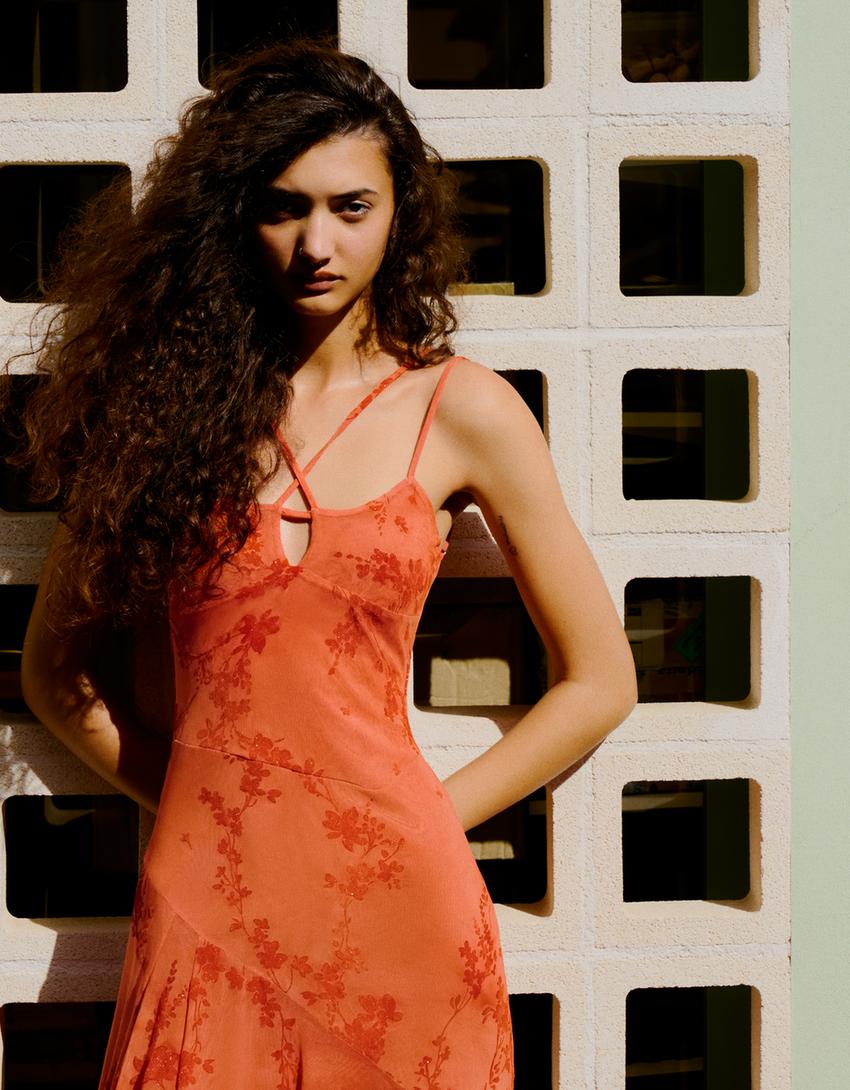 Flocked tulle strappy midi dress-Orange