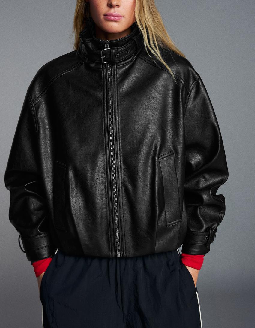 Faux leather funnel collar jacket-Black