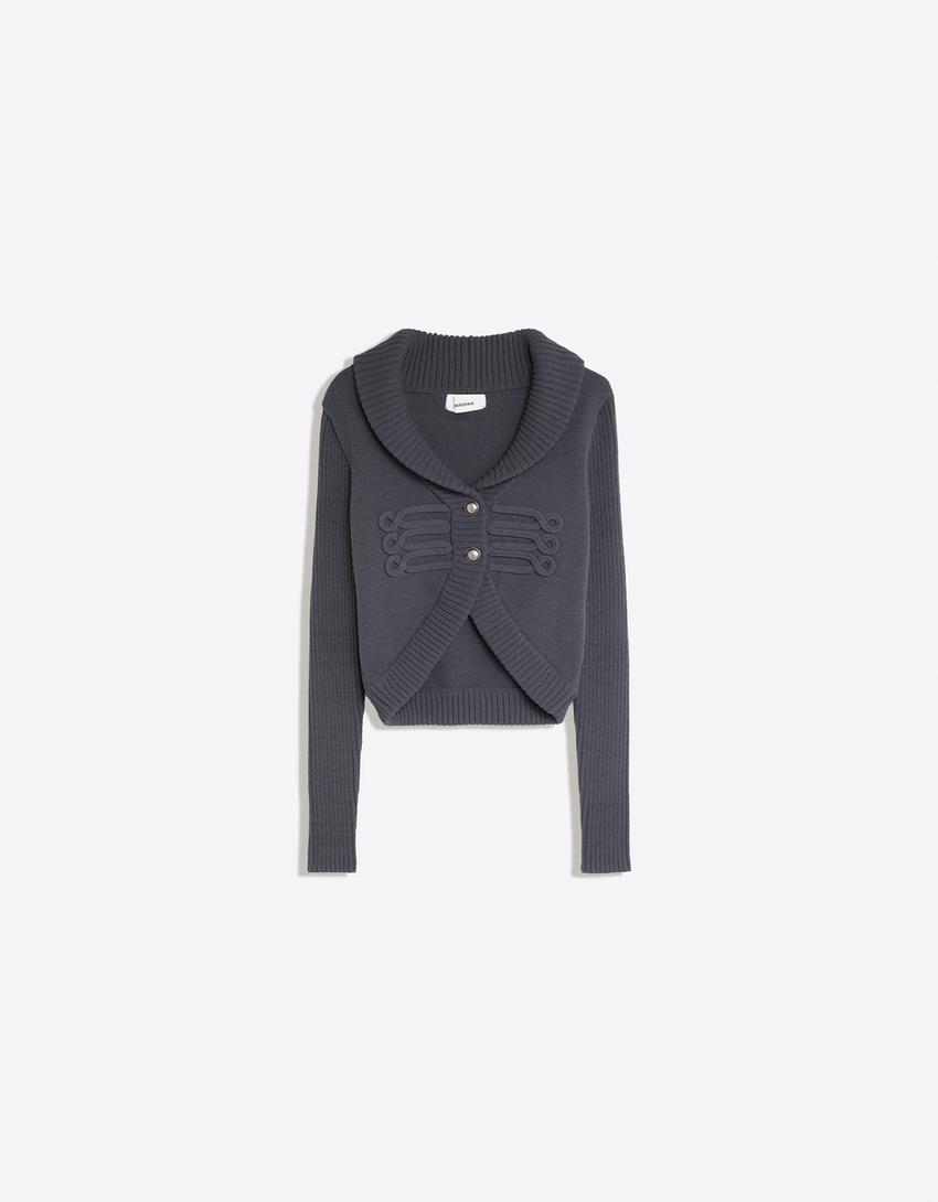 Lapel knit cardigan-Grey