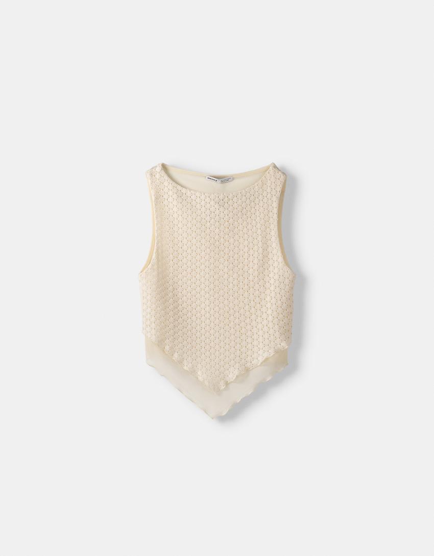 Sleeveless mesh rustic T-shirt-Cream-4