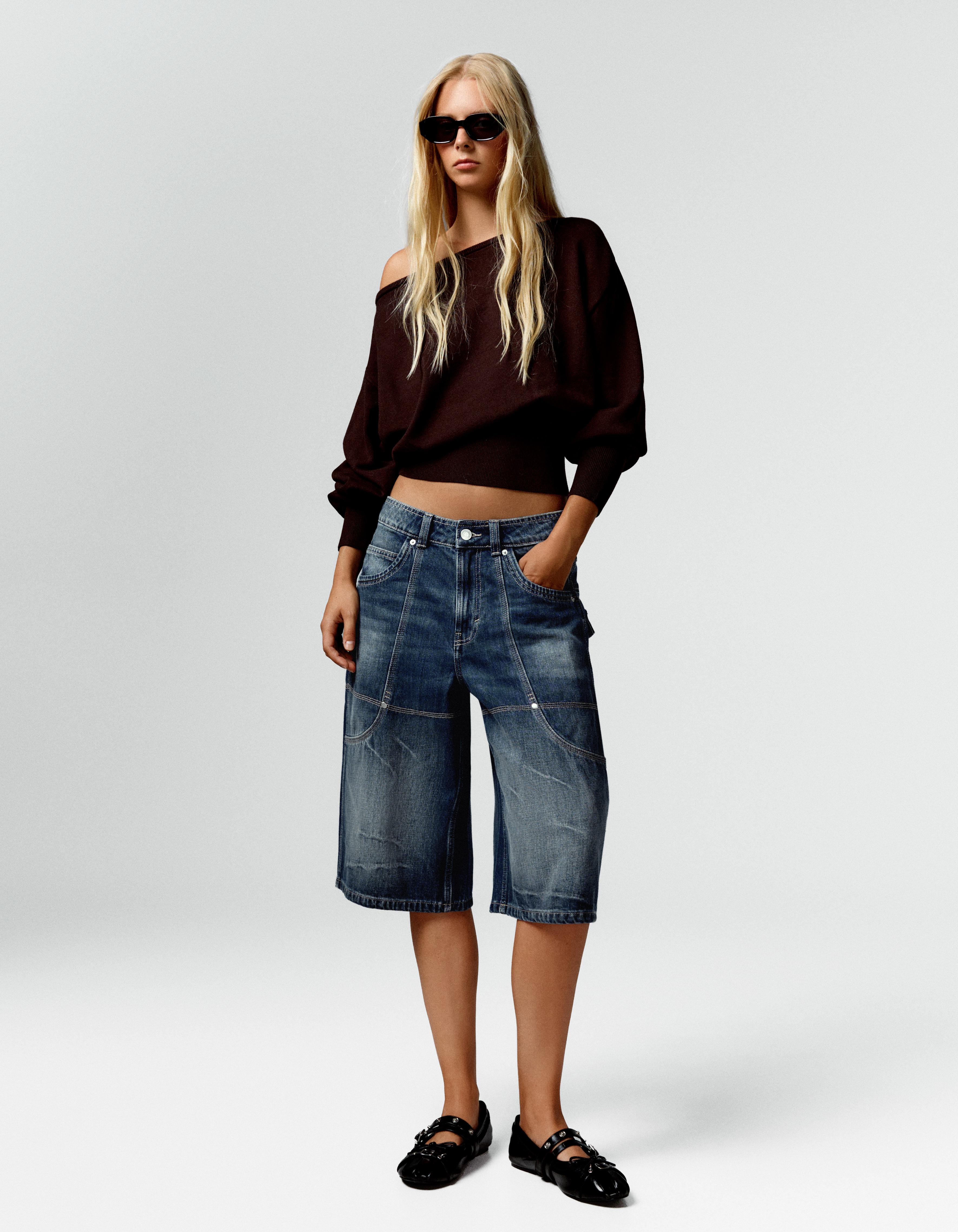 Long denim Bermuda shorts with pocket detail — Dark blue
