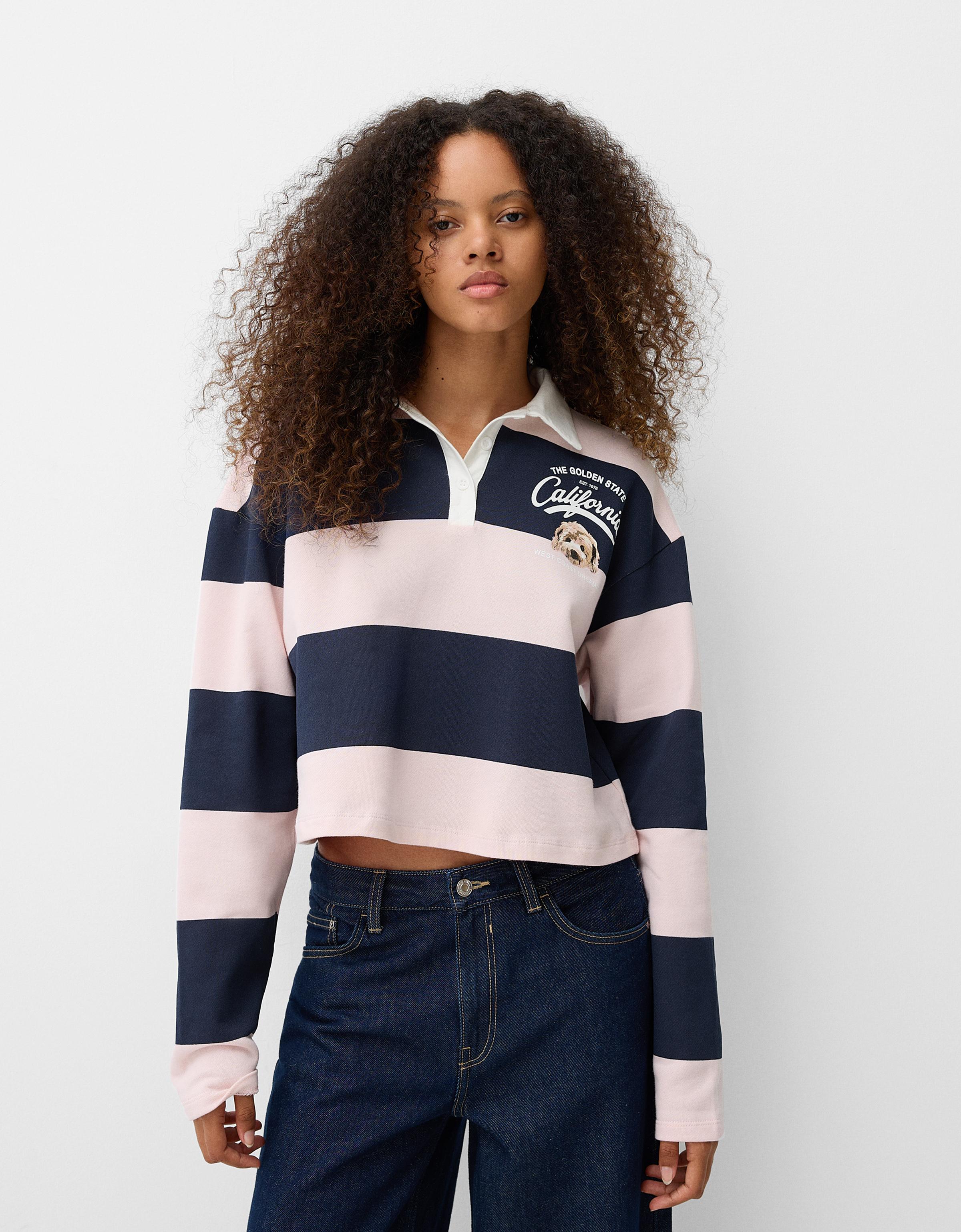 Bershka Langarmshirt Mit Polokragen Und Print Damen L Rosa