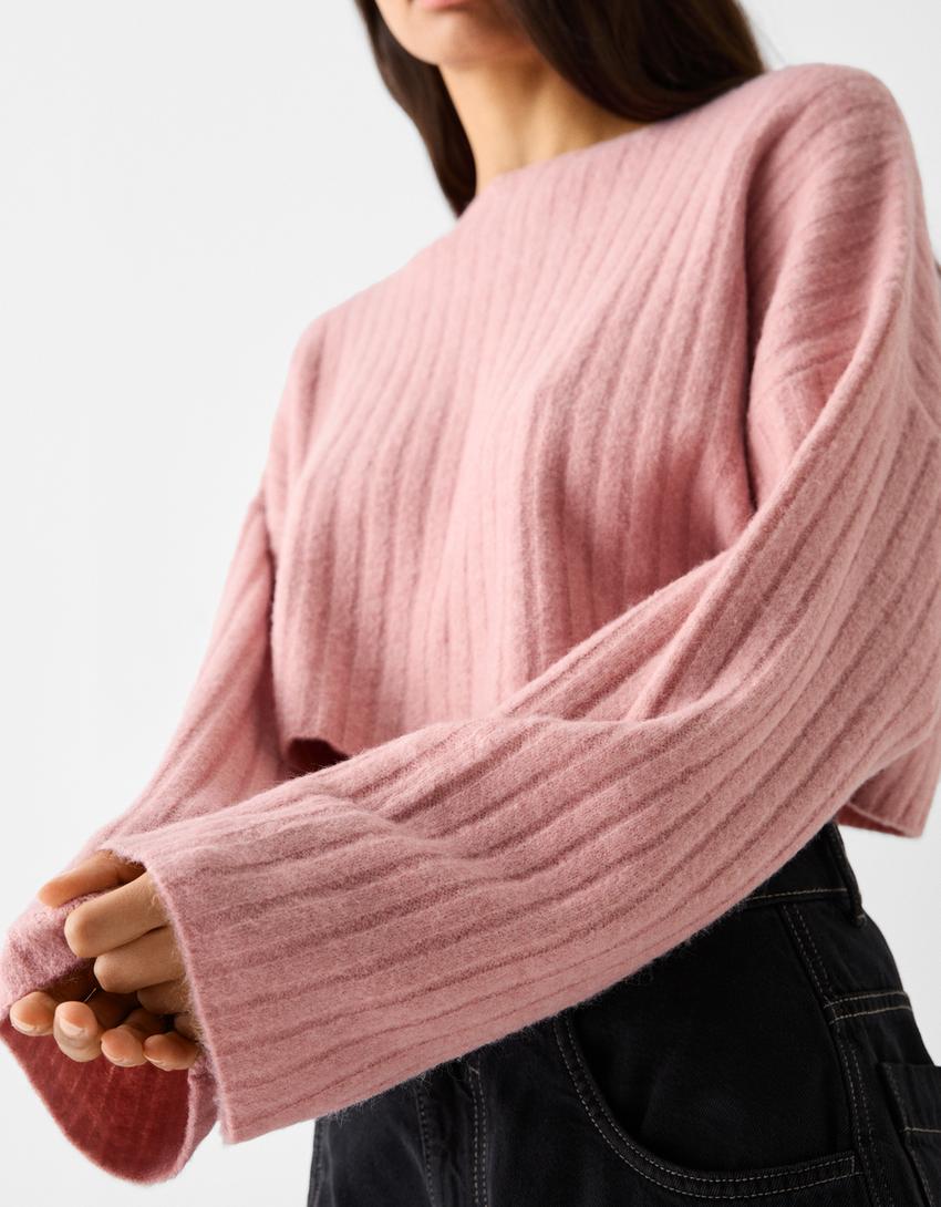 Düşük kollu fitilli triko crop kazak-Pembe-5