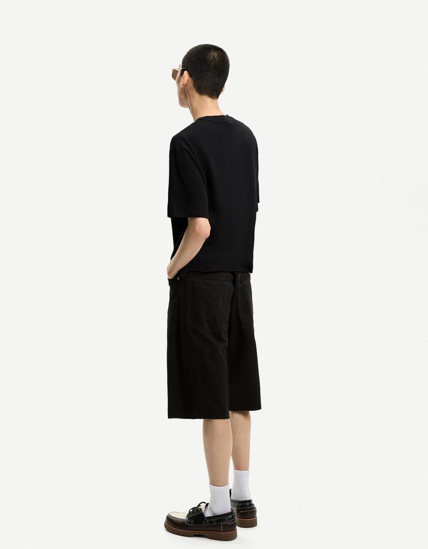 Baggy fit denim bermuda-Siyah-2