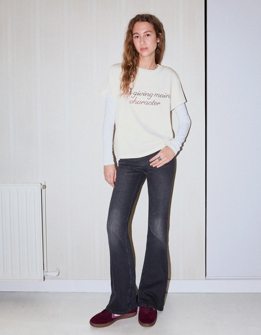 Camiseta manga corta print strass-Blanco roto